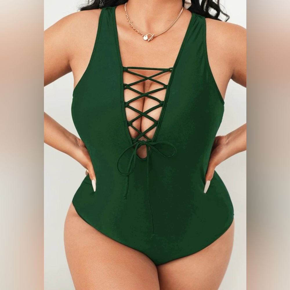 Green Lace-Up One Piece Swimsuit 3X new